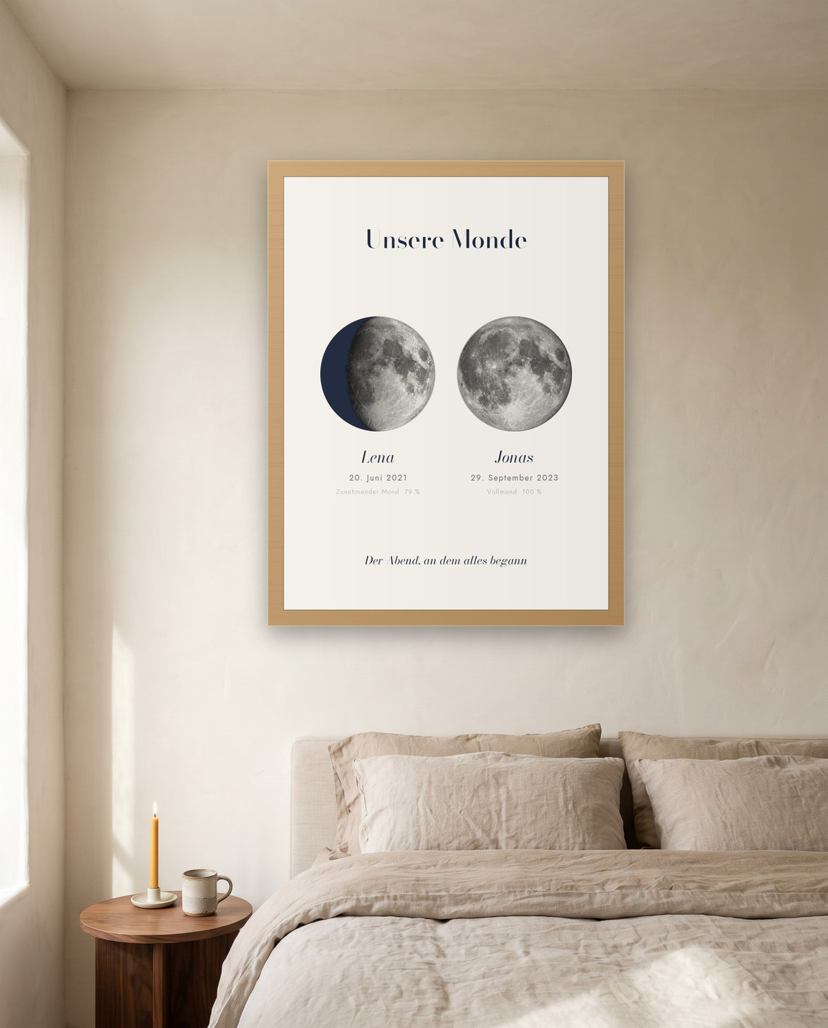 Poster Unsere Monde im Stil Papier über einem Bett