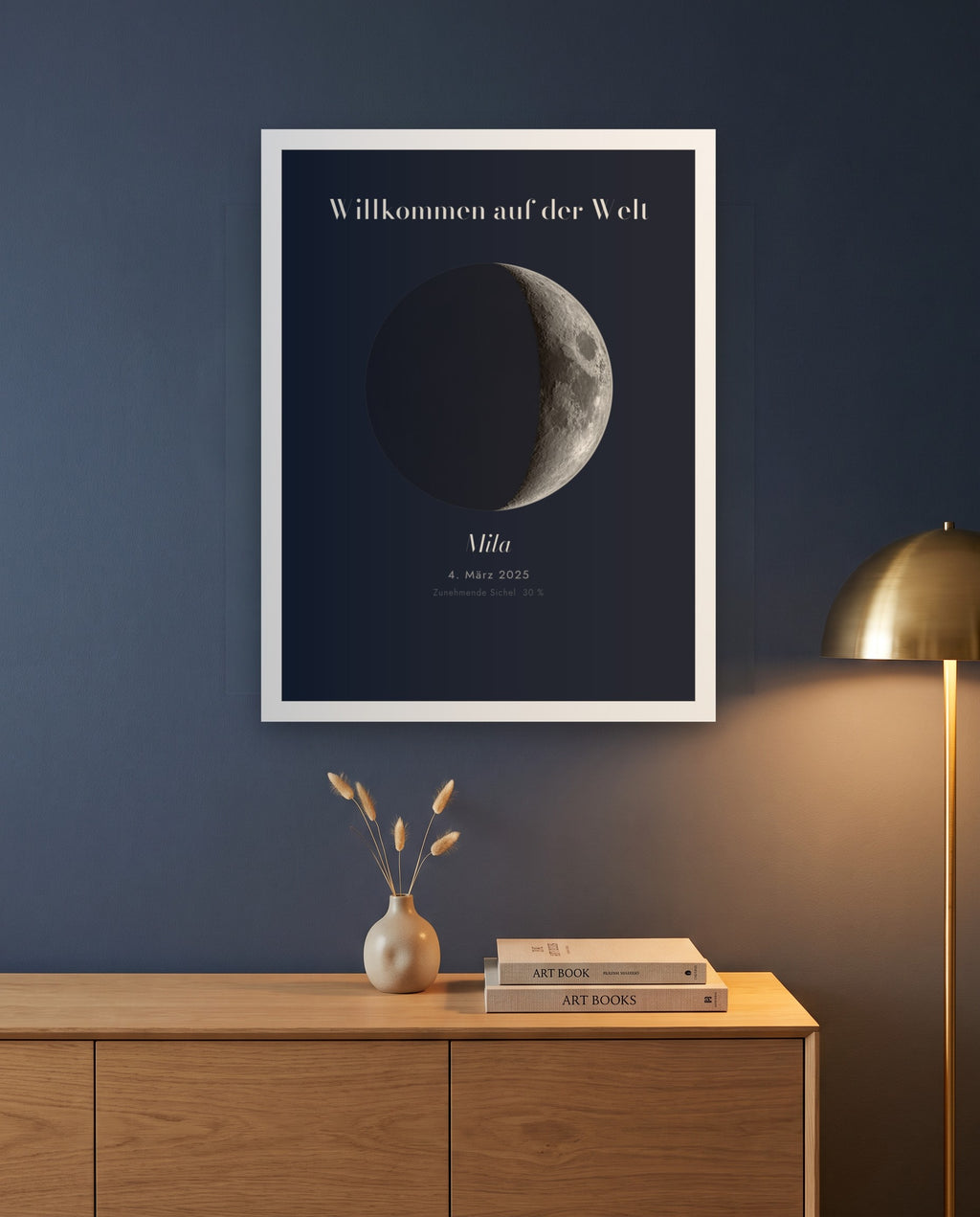 Poster Dein Mond im Stil Nacht, weißer Rahmen, über einem Sideboard