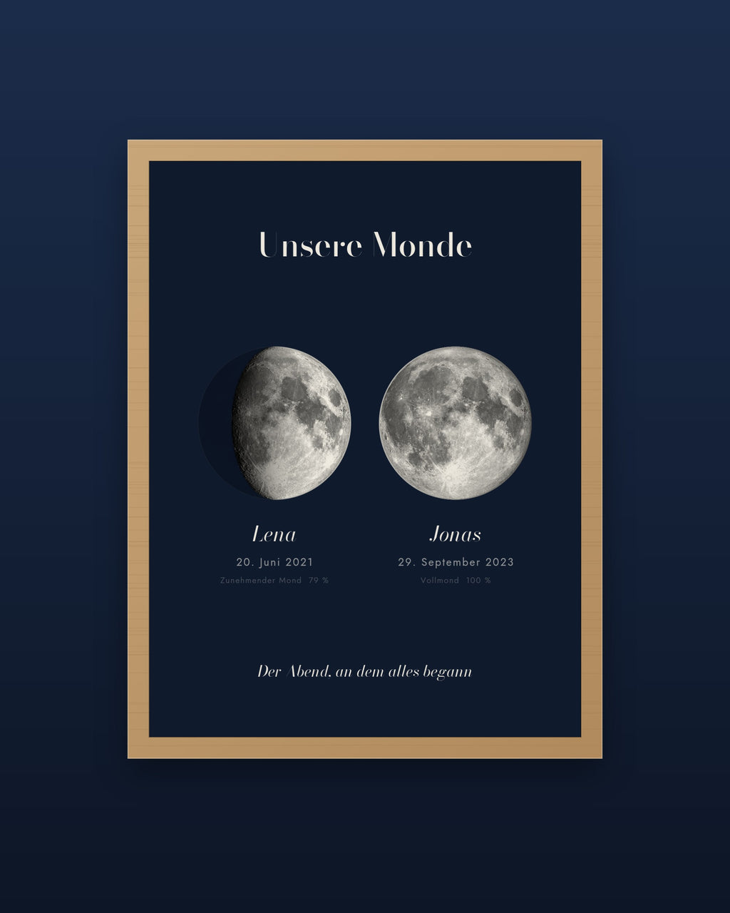 Poster Unsere Monde im Stil Nacht, Naturholzrahmen